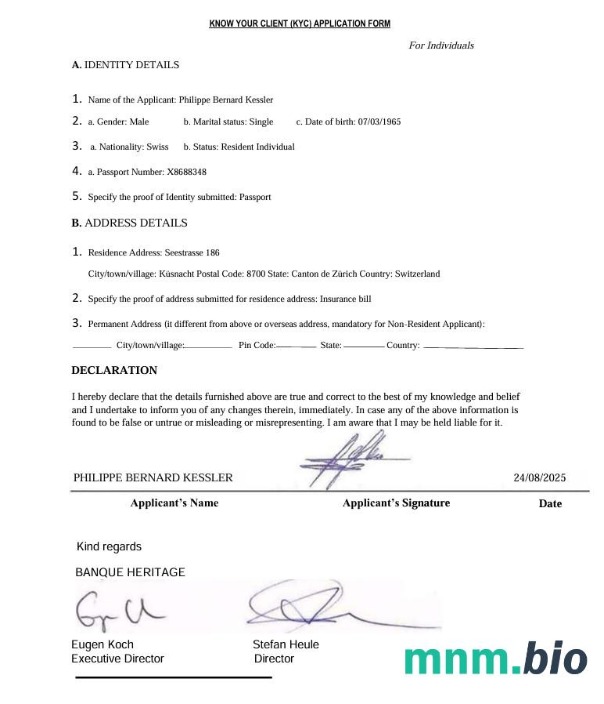 Szwajcaria Banque Heritage Formularz wniosku Know Your Client (KYC)